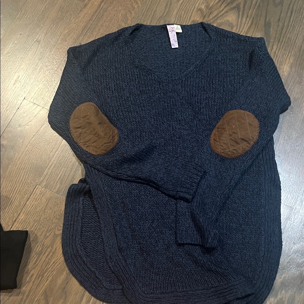 Navy Sweater with Brown Elbow Patches